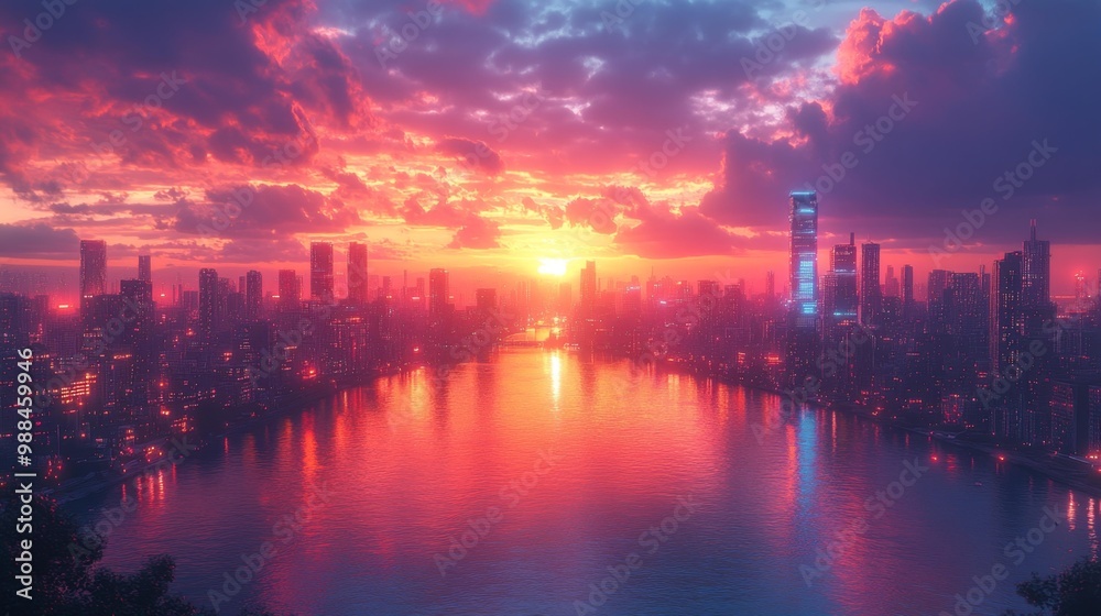 Futuristic skyline with vibrant sunset Generative AI Futuristic skyline with vibrant sunset Generative AI
