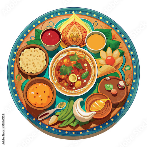 Vibrant indian thali meal with various curries and accompaniments