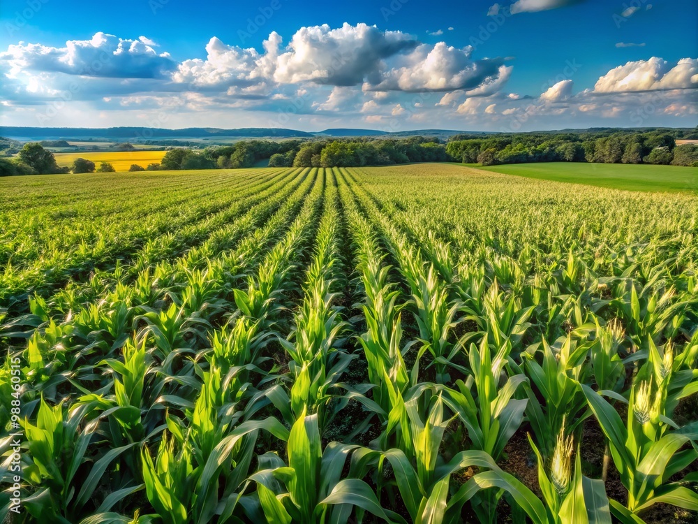 A lush expanse of wild corn stretches across the green meadow, glistening golden in the warm sunlight's rays A lush expanse of wild corn stretches across the green meadow, glistening golden in the warm sunlight's rays