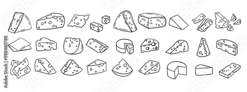 Cheese Doodle hand drawn line icon set. Different piece slice cheese for menu, design restaurant, cafe