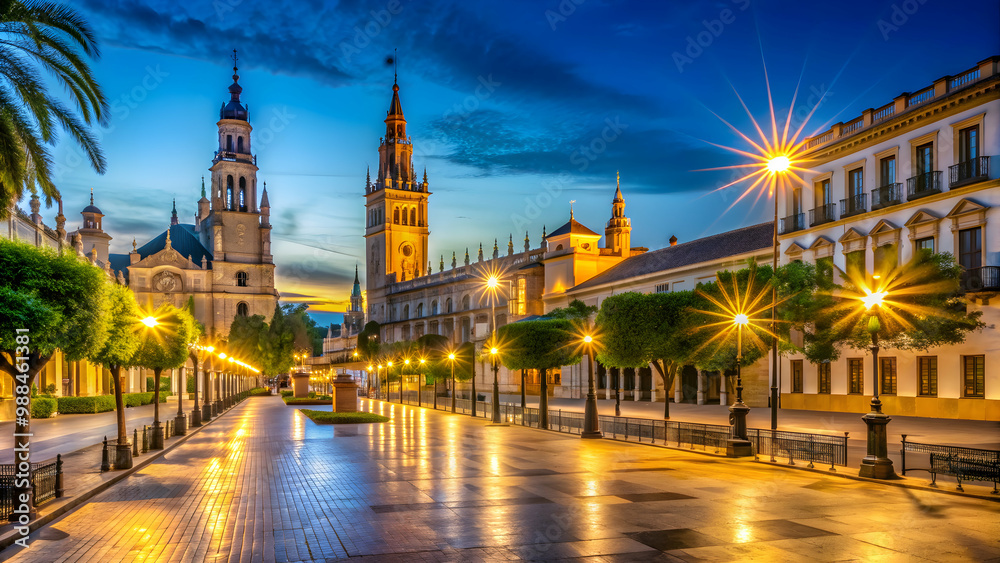 Fototapeta premium Downtown street in Seville, Spain illuminated at night, Seville, Spain, downtown, street, illuminated, night
