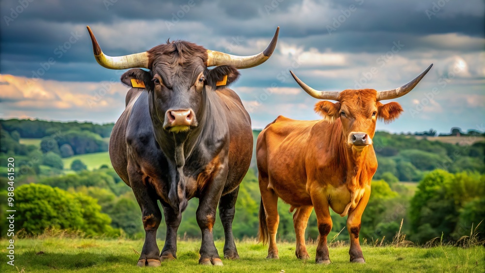 A majestic bull and a sturdy ox grazed together in an emerald field, their varying silhouettes and physiques A majestic bull and a sturdy ox grazed together in an emerald field, their varying silhouettes and physiques