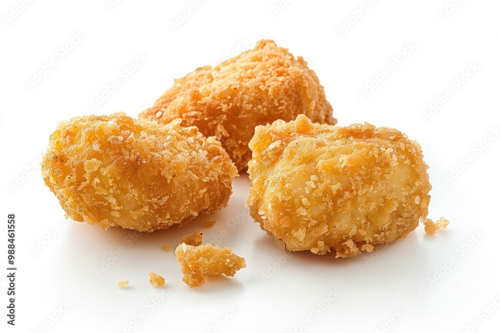 Three crispy fried chicken nuggets sit on a clean white surface, perfect for food photography or advertisements Three crispy fried chicken nuggets sit on a clean white surface, perfect for food photography or advertisements