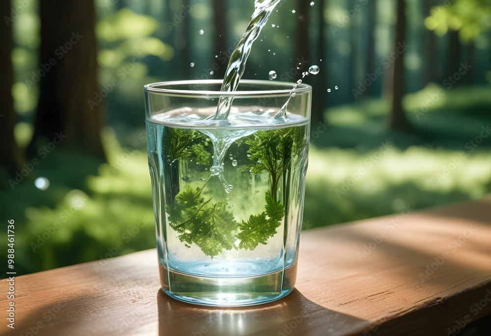 A glass of clear water being filled with water against a blurred green background A glass of clear water being filled with water against a blurred green background