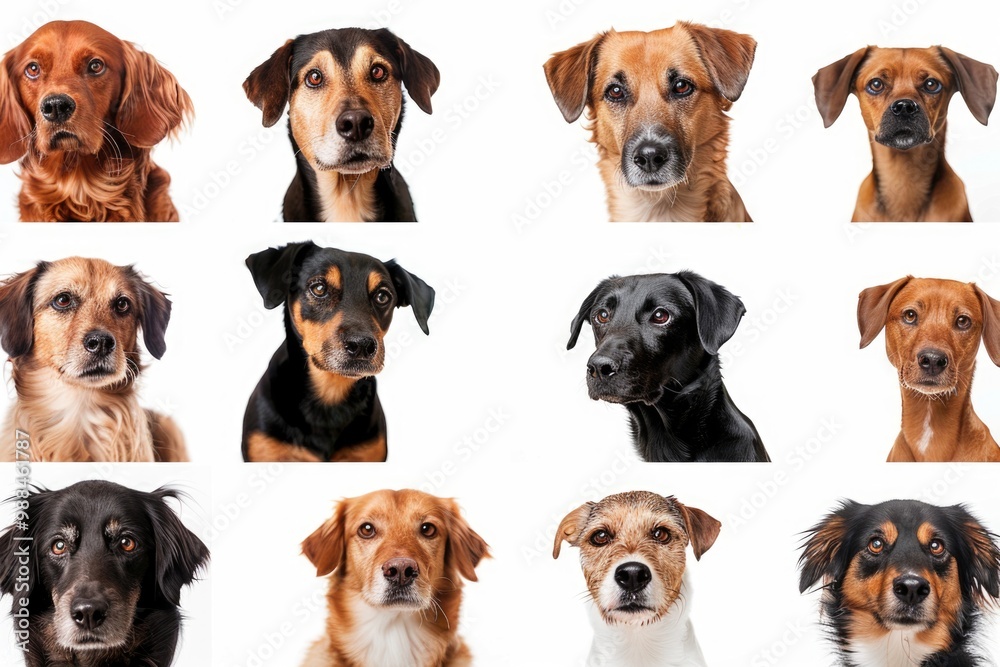 A group of dogs posing for the camera, with different breeds and expressions A group of dogs posing for the camera, with different breeds and expressions