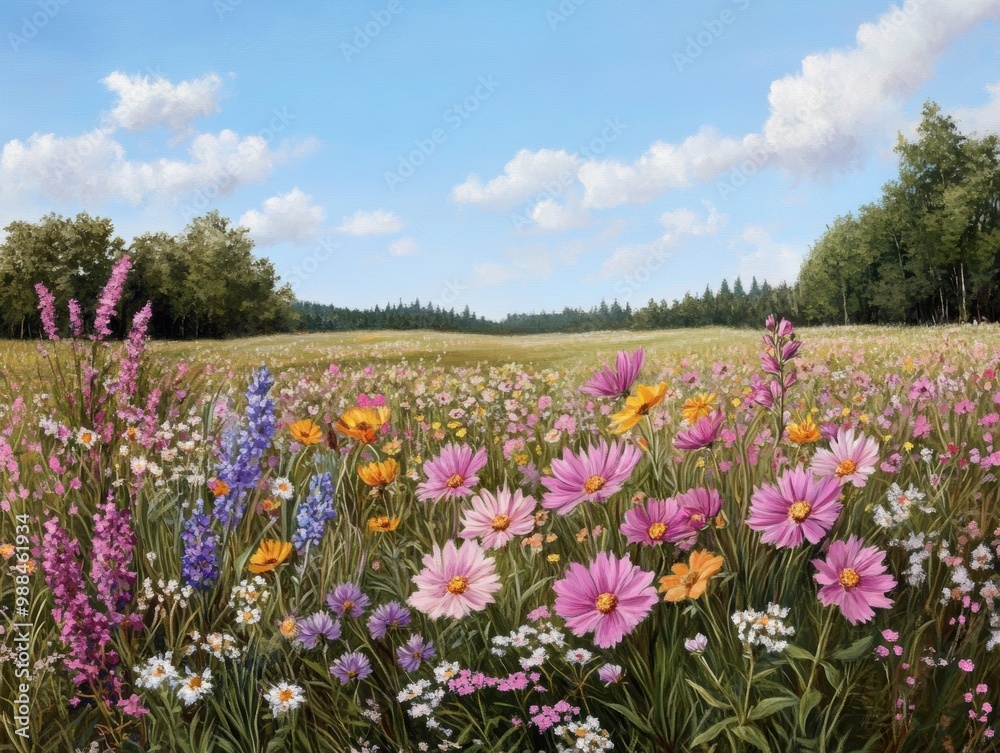 A vibrant wildflower field in full bloom under a clear blue sky, showcasing a variety of colorful flowers and lush greenery in the background. A vibrant wildflower field in full bloom under a clear blue sky, showcasing a variety of colorful flowers and lush greenery in the background.