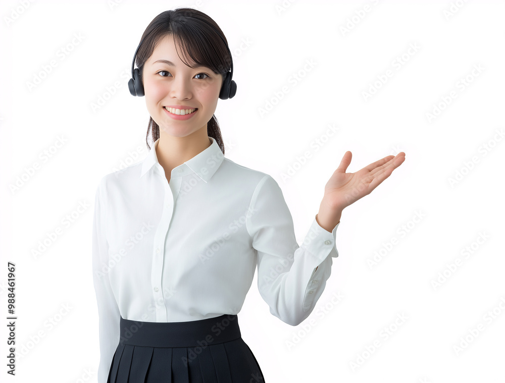 A woman in a white shirt and black skirt is holding her hand up and smiling A woman in a white shirt and black skirt is holding her hand up and smiling
