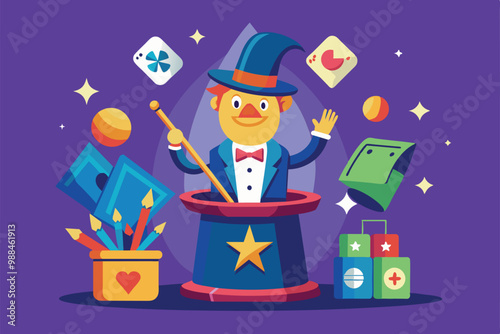 A cheerful magician in a top hat showcases captivating tricks with vibrant props and a magic wand, engaging the audience with delightful illusions.