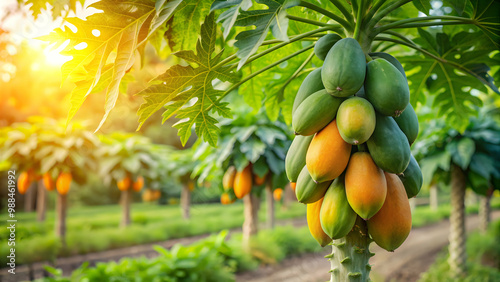 Fresh papaya fruits hanging from a papaya tree in a lush garden , tropical, ripe, organic, healthy, nutritious, agriculture, harvest