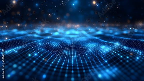 Abstract Blue Grid Network Background with Bokeh Lights