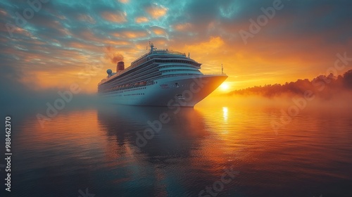 Luxury cruise ship gliding across calm Baltic Sea waters at sunrise, surrounded by Scandinavian islands in Sweden. Captivating view reflects golden morning light