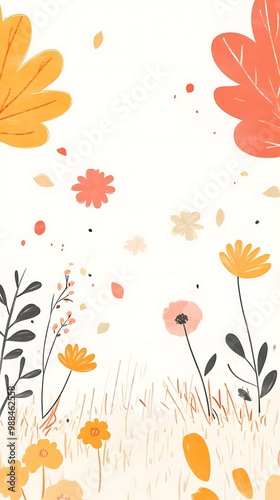 Illustrated Floral Background with Orange, Pink, and Yellow Flowers