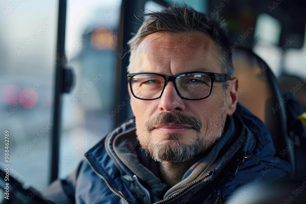 A person wearing glasses sits in a public transportation vehicle A person wearing glasses sits in a public transportation vehicle