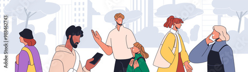City street with people walking on daily businesses. Urban lifestyle scene, citizens in everyday life. Men, women, child pedestrians going outdoors in downtown, metropolitan. Flat vector illustration