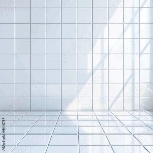 White tiled wall and floor with sunlight shining through a window