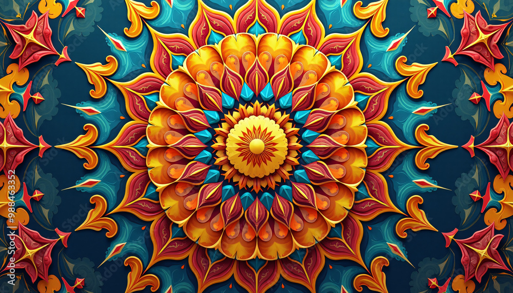 Symmetrical mandala design in bright earthy tones featuring spiritual and cultural Indian elements for a serene ambiance. Symmetrical mandala design in bright earthy tones featuring spiritual and cultural Indian elements for a serene ambiance.