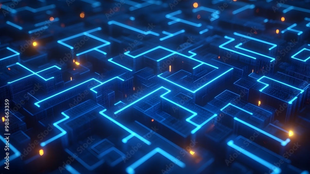 Abstract Blue Neon Lights Maze 3D Rendering Abstract Blue Neon Lights Maze 3D Rendering