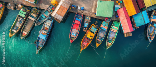 Aerial view of colorful fishing boats lined up at a vibrant harbor, surrounded by sparkling turquoise waters and vivid structures.