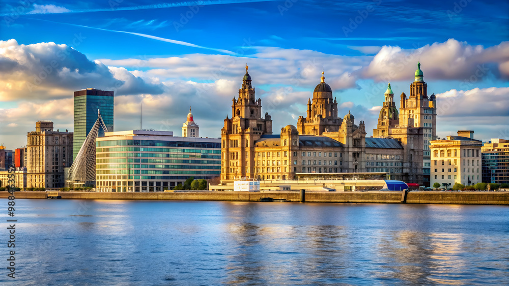 Obraz premium Architecture landscape on the River Mersey in Liverpool, UK , Liverpool, United Kingdom, architecture, landscape
