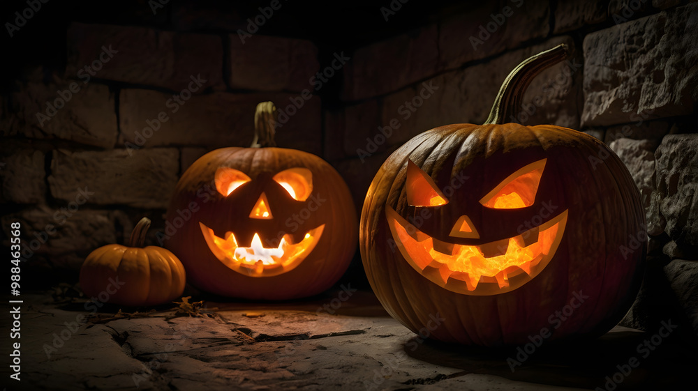 Obraz premium halloween pumpkin in the dark, jack o lantern, in a fireplace, dark, , ai generated