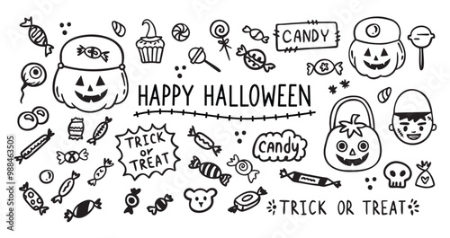 Halloween sweet candy doodle outline set. Line hand drawn candies. Drawing sweets
