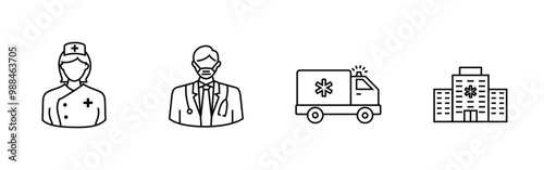 icon set medical officer, health care and nurses, outline style, editable vector eps 10