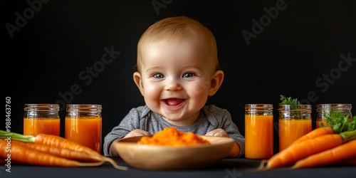 A joyful baby with a big smile is surrounded by fresh carrots and vibrant carrot juice. The warm colors evoke feelings of happiness and nourishment. Perfect for family and health themes. AI photo