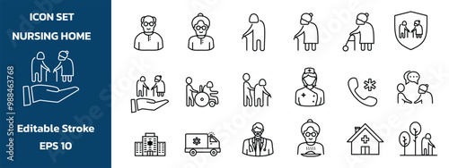 icon set nursing home, health care and nurses, outline style, editable vector eps 10