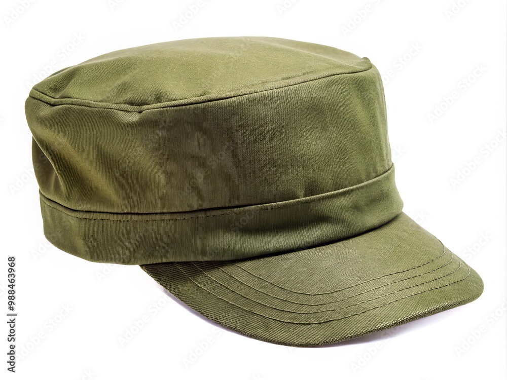 A military olive green field cap with attached visor proudly displays its camouflage design on a pure white A military olive green field cap with attached visor proudly displays its camouflage design on a pure white