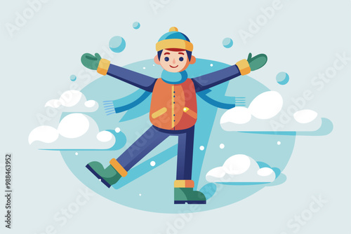 A child in winter attire joyfully creates a snow angel, surrounded by fluffy snowflakes and a serene winter atmosphere.