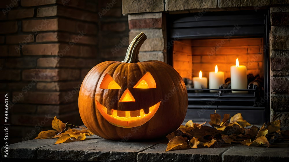 Obraz premium halloween pumpkin in the dark, jack o lantern, in a fireplace, dark, , ai generated