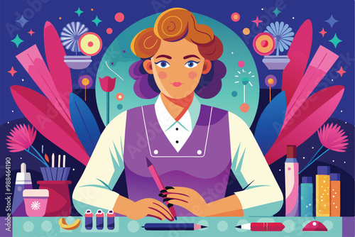 A skilled manicurist is poised at her workspace, surrounded by colorful tools and decorations, preparing to create stunning nail designs.