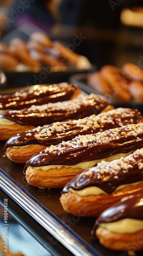 An elegant display of cake filled with creamy custard and topped with glossy chocolate ganache, neatly arranged on a tray