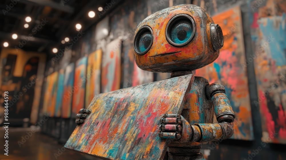 Robot holding abstract painting in an art gallery Generative AI Robot holding abstract painting in an art gallery Generative AI