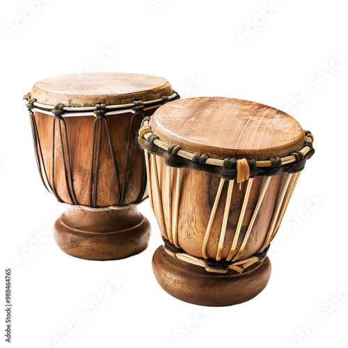 Two wooden bongos with goat skin drumhead and rope tuning standing on white background