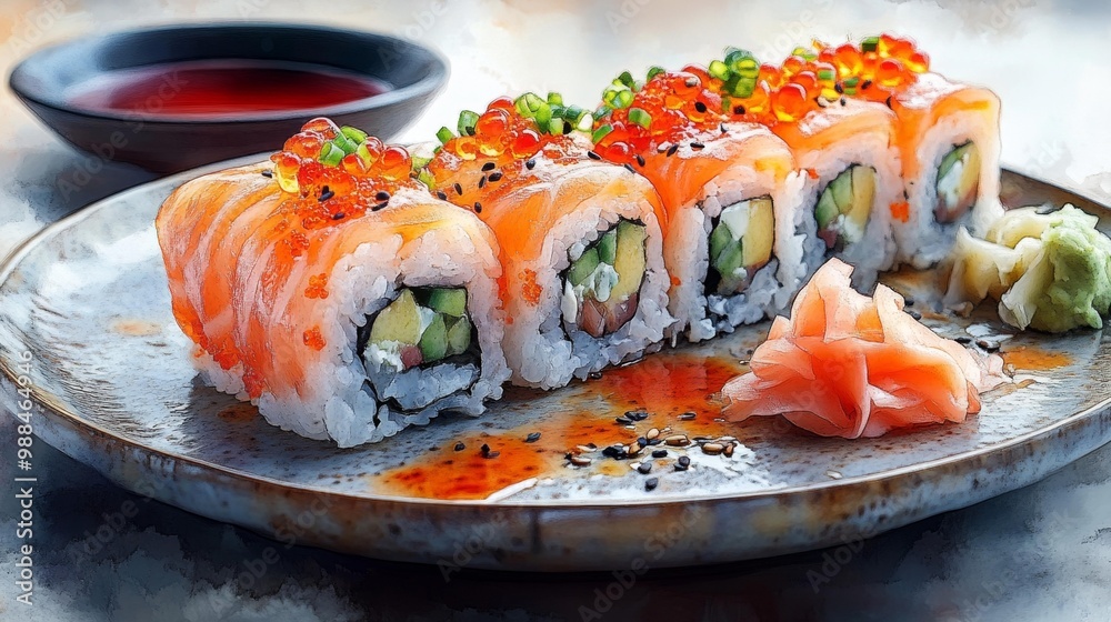 Delicious Salmon Sushi Roll on Ceramic Plate Generative AI