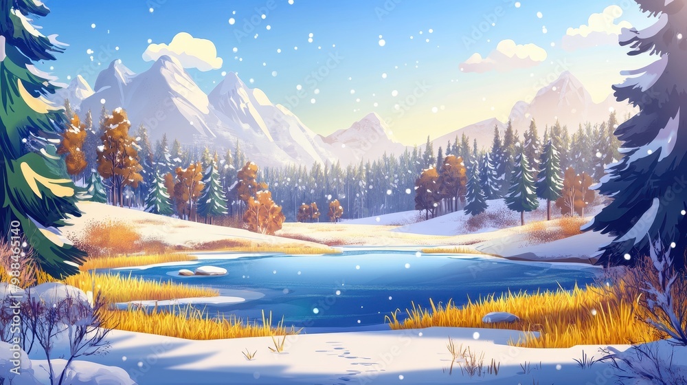 Fototapeta premium winter landscape in pine forest with lake and snow on mountain background and clear sky, cartoon illustration