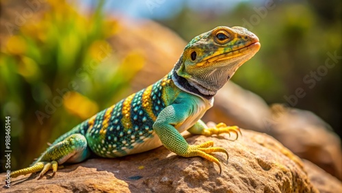 An eastern collared lizard poses serenely on a sun-kissed rock, its scales shimmering with dew, in its natural