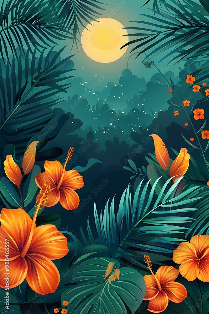 Tropical Jungle Night Moon Flowers Illustration Tropical Jungle Night Moon Flowers Illustration