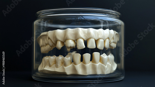 Human teeth in a glass jar. Isolated dark background. Dental health and forensics. Ethical implications of dental records and privacy. 