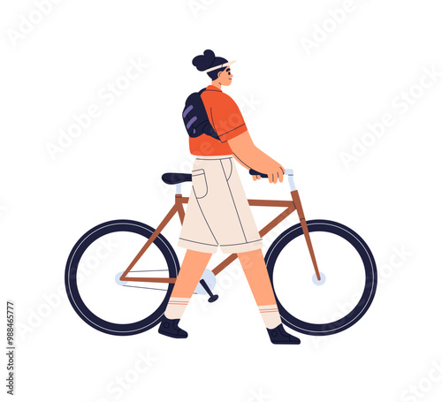 Woman walking with bicycle. Happy cyclist tourist going and holding bike duri...