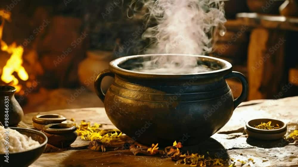 A steaming pot on a wooden surface, surrounded by herbs and spices, suggesting cooking. A steaming pot on a wooden surface, surrounded by herbs and spices, suggesting cooking.