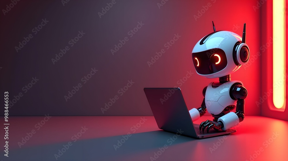 Artificial intelligence robot using laptop neon light futuristic technology 3d illustration banner
