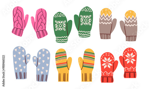 Collection winter mitten isolated on white. Doodle hand drawn set pair of mittens in different colors. Warm cozy elements of clothing. Knitted seasonal accessory