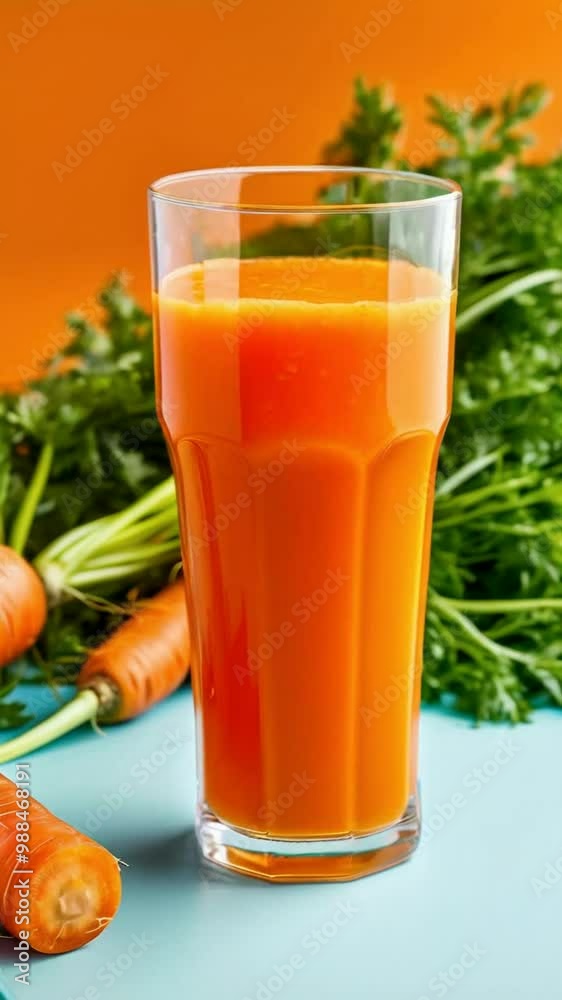 A refreshing glass of orange juice surrounded by fresh carrots and green herbs. A refreshing glass of orange juice surrounded by fresh carrots and green herbs.