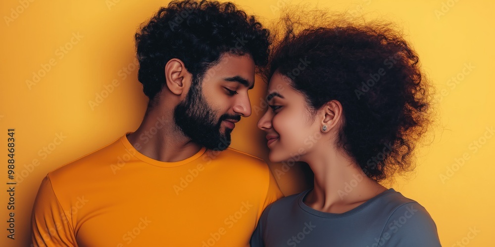A studio close-up portrait of a young Indian or Pakistani couple wearing casual t-shirts, with a colourful background. A studio close-up portrait of a young Indian or Pakistani couple wearing casual t-shirts, with a colourful background.