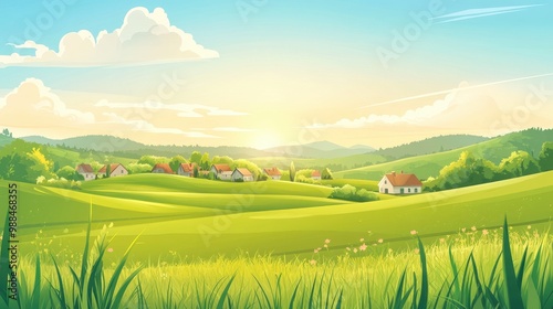 beautiful countryside on the hills of the meadow at sunrise, cartoon illustration