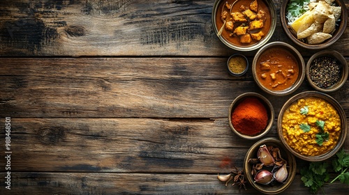 Indian food on a wooden table with spices, garlic, and cilantro.