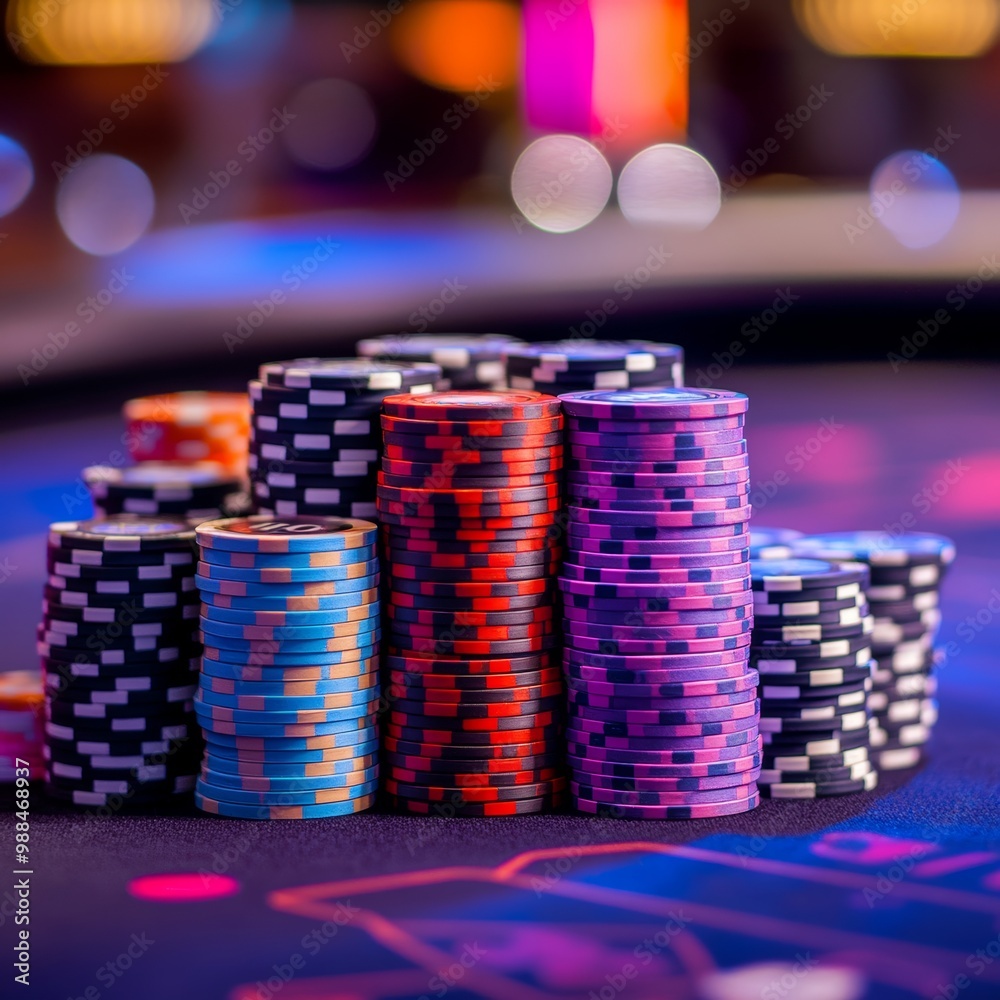Stacks of casino chips on colorful background with bokeh effect Stacks of casino chips on colorful background with bokeh effect