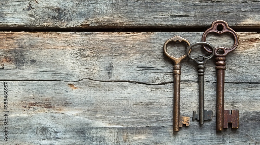Old keys resting on a wooden background Old keys resting on a wooden background